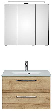 Lomadox Waschplatz Set Badezimmer Gäste WC mit Waschtisch 77 cm Glaswaschbecken Spiegelschrank Beleuchtung in Riviera Eiche Nb., B/H/T: ca. 77/200/50 cm