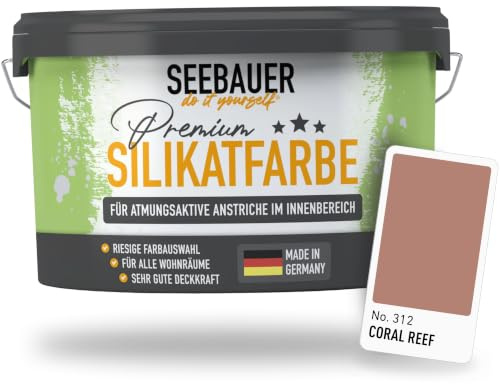 SEEBAUER diy Silikatfarbe Rot 5L für Innen (No. 312 Coral Reef) Atmungsaktive Mineralfarbe für Allergiker - Abwaschbare Wandfarbe - Rottöne hohe Deckkraft