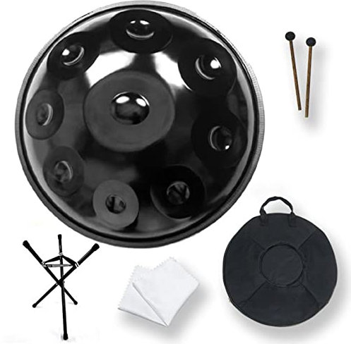 ENLLY Handpan Steel Drum 9 Noten 22 Zoll, Runde Handpan Drum Sound Performance Mit Drum Bag, D-Moll Stahlzungentrommel für Meditation Yoga Unterhaltung Musikalische Bildung (Color : Schwarz)