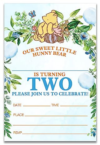 Dolimifa Winnie the Pooh Einladungen zum 2. Geburtstag, zum Ausfüllen, mit blauem Luftballon, kleiner Hunny Bär, Winnie zweiter Geburtstag, Aquarellfarben, 20 Stück mit Umschlägen