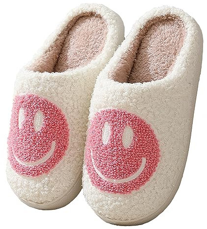 Meik Mangni Hausschuhe mit Fröhliches Gesicht Damen Herren Weicher Plüsch Hausschuhe Frauen Warme Pantoffeln,Rosa Gr.44-45 EU/Sohlengröße 46-47
