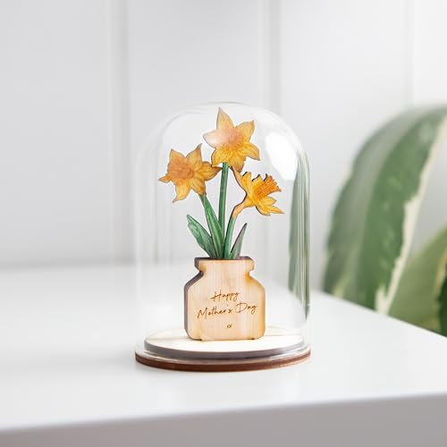 Personalised Wooden Daffodils in Glass Dome | Perfect Mother's Day Gift for Her | Customised Flower Dome Gift for Mothers Day