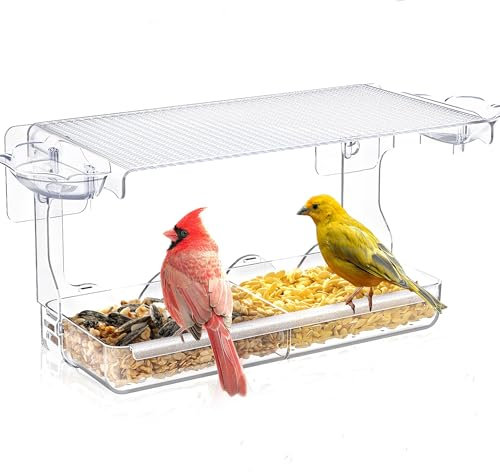 WELDUN Großes Fenster Futterhaus für Vögel 24.5x10x14cm(LxWxH), Vogelhaus mit Vogeltränke, Transparent Abnehmbar Vogelfutterspender mit 2 Zellen, für kleine Wildvögel