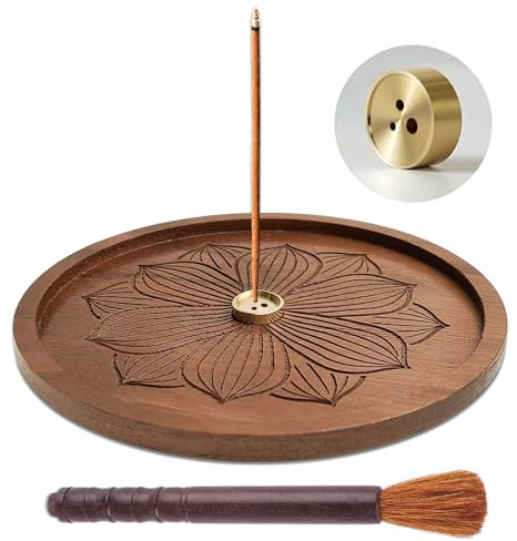 Räucherstäbchenhalter Holzlotus mit 3-Loch-Messinghalter Incense Holder | Natürlichem Sapele-Holz 12 x 12 x 2cm Zen Räucherstäbchen Halterung für Heimdekoration, Meditation und Yoga