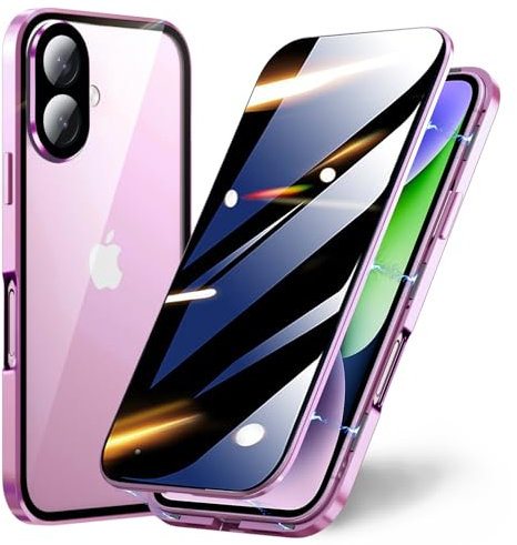 TOPF&B Case for iPhone 16 Privacy Magnetic Cover,360 Degree Full Cover Built-in Privacy Screen Protector and Camera Protector,Metal Bumper Case for iPhone 16,Pink