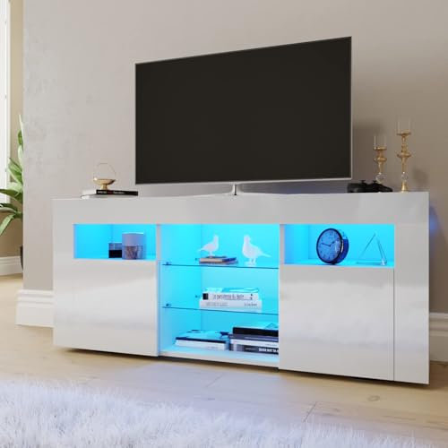 ELEGANT 120cm White LED TV Unit High Gloss Modern TV Stand Cabinet with Ambient RGB Lights for 32 40 45 50 inch 4k TV Living Room and Bedroom Furniture with Storage