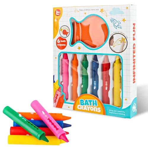 AWAMRWA Badewannenstifte - 6 Badestifte für Kinder Badewanne und 1 Schwämme Abwaschbare Farbe Stifte für Keramikoberflächen Badespass Badewannenfarbe Badewannenspielzeug ab 3 Jahre