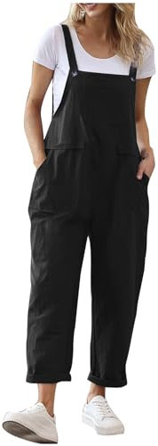 OVARA Ladies Dungarees Casual Baggy Overalls with Pocket Summer Sleeveless Linen Jumpsuits for Women UK Plain Lightweight Button Straps Bib Pants