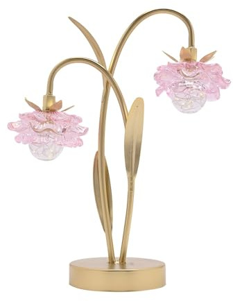 Britalia Gold Metal Double Stem with Pink Glass Flower Shades LED Battery Powered Table Lamp, 35.5cm Height