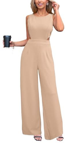 CUPSHE Damen-Jumpsuit mit Ausschnitt, Rundhalsausschnitt, ärmellos, rückenfrei, lang, weites Bein, lässiger, eleganter Playsuit, khaki, L