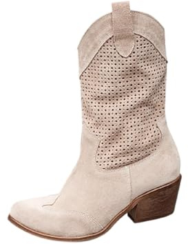 Generisch Dam Cowboy Stövletter Sommar Wildleder Genombrutet Mönster Slip-On Halvstövlar, Beige, 39 EU