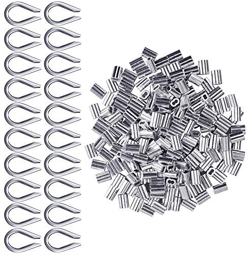 Manchons en Aluminium Clips 200 pièces pour Câbles Métalliques Diamètres 2mm Cosse Rigging Aluminium Double Viroles Pinces à sertir + 20 pcs M2 304 Cosse en Acier Inoxydable (Argent)