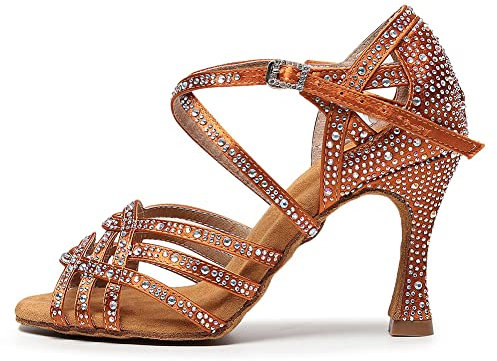 AOQUNFS Donna Scarpe da Ballo Latino Americano Strass con Tacco Salsa Bachata Tango Feste Performance Scarpe Ballo da Sala,L357-Marrone-7.5,EU38