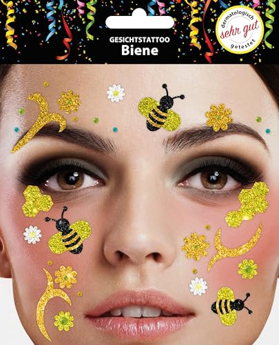 Gesichtstattoo - Glitzer Aufkleber Klebetattoos Temporäres Glitter Face Tattoo Motto Party Karneval Halloween (Biene)