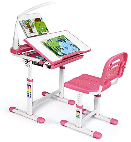 GIANTEX Kinderschreibtisch mit Stuhl, Kinderschreibtisch-Set mit Lampe & Buchständer, Kindertisch höhenverstellbar & neigungsverstellbar, Schülerschreibtisch Jugendschreibtisch Kinder (rosa)