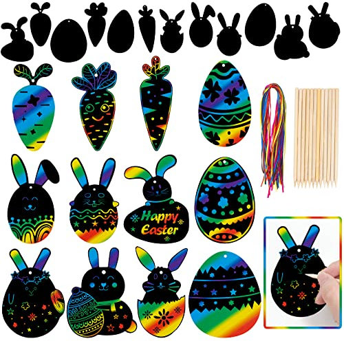 48 Stück Ostern Kratzbilder, Kratzpapier Bastelset, Kaninchen Hase Karotte Osterei Rainbow Magic Scratch Painting mit Holzstab und Band für Kinder Osterdekorationen