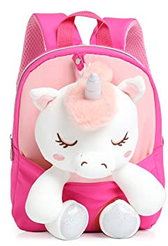 Kleiner Kinderrucksack,Abnehmbarer Plüsch Puppe Kindergartenrucksack,Einhorn Kindergarten Rucksack Kindertasche für 2-5 Jährige Kindergarten Junge und Mädchen (Rosarot)