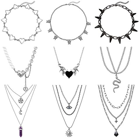 Kakonia 9-teiliges Punk-Halsketten-Set für Frauen, Männer, Egirl, Eboy, Cooler Goth-Punk, Vintage-Mond, mehrlagige Halskette, Spike, Schmetterling, Halsband, Schlange, Herz, Flügelkette Silber Retro