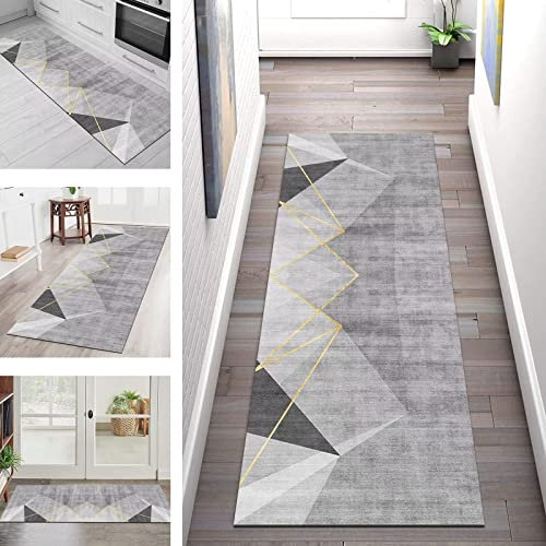Teppich Läufer Flur Küche rutschfest Waschbar Teppichläufer Lang Teppichmatte 120X350CM Küchenläufer Küchenteppich Meterware, Grau Abstrakt Korridor Tepiche Schlafzimmer Esszimmer Breite 40-120cm