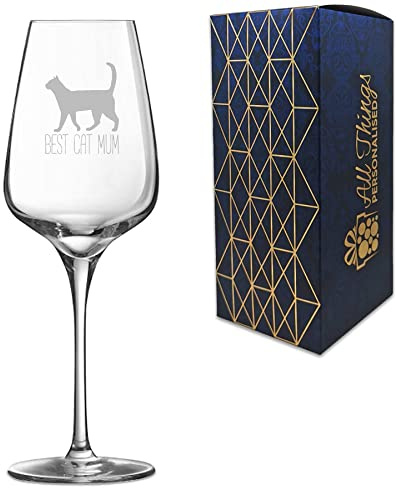 Engraved Novelty Wine Glass With Best Cat Mum Design - Laser Engraved, Gift Box Included - Birthday Present for Cat Lovers, Funny Mum Gift - Optional Personalised Message