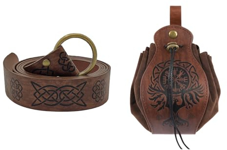 Mittelalterlicher Wikinger Gürtel Kunstleder Tasche Set,Renaissance Prägung Ritter Gürtel Kordelzug Würfel Tasche,LARP Cosplay Halloween Zubehör für Männer Frauen