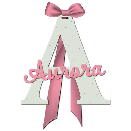 Fiocco nascita bimba personalizzato in legno | 12x22 cm lettera, 16x18 cm nome | rosa e bianco, fiocco raso | nome inciso, dipinto a mano | decorazione porta bimba