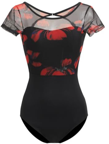 ROYAL SMEELA Damen Ballett Body Tanztrikot - Kurzarm Rückenlos Bedruckt Sexy Mit BH