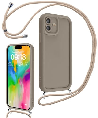 Coalbooliy Coque pour iPhone 16 6,1 avec Cordon de Collier Réglable, Etui Protection de la Caméra Silicone Souple TPU Antichoc Housse avec Corde Lanyard Cover pour Femmes Filles, Kaki