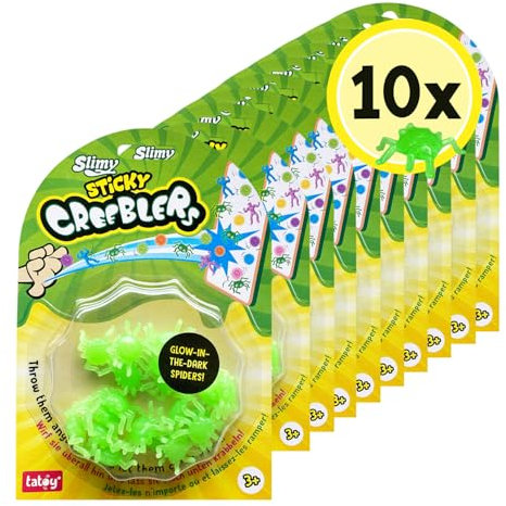 Tatoy Slimy Sticky GID Spider Creeblers - Kindergeburtstag Vorteilspack mit 10 x Glow-in-The-Dark Glibber Spinnen, Original Wandkrabbler, klebrige Fensterläufer für Kinder (ab 3 Jahre)