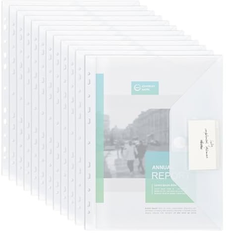MOWETOO 22 Stück Dokumentenmappe A4 zum Abheften, Transparent A4 Dokumententasche mit Lochrand Klettverschluss und Etikettentasche, Wasserdicht Sammelmappen für Dokumente Organisieren
