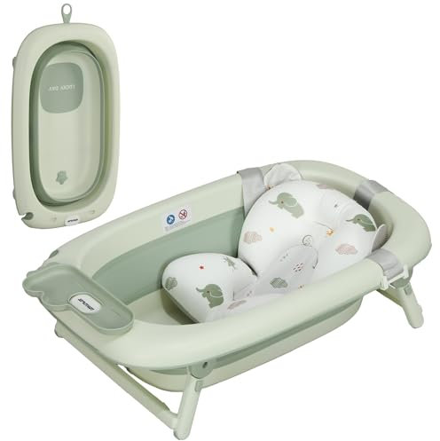 AIYAPLAY Vaschetta Bagnetto Pieghevole per Neonati 0-3 Anni con Cuscinetto e Ripiani, Vasca per Neonati con Fori di Drenaggio, Gancio e Fondo Antiscivolo, in PP, Poliestere e TPE, 86x53x25.5 cm, Verde