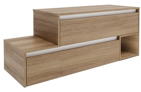 FACKELMANN Vita asymmetrischer Waschbeckenunterschrank in Summer Oak, 129 cm breit, 2 Schubladen mit Soft-Close, Ablage Links, Grifflos, weiße Blenden, Made in Germany