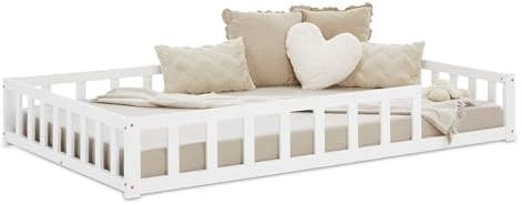 Homestyle4u Bodenbett 120x200 Weiß Montessori Kinderbett mit Rausfallschutz Kinder Holzbett Lattenrost