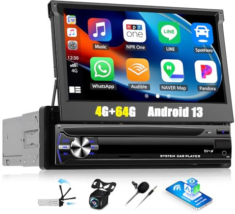 OiLiehu 4G+64G Android 13 Single Din Car Stereo with Wireless CarPlay Android Auto, 1 Din 7 inch Flip Out Touchscreen Radio with WiFi GPS Mirror Link Bluetooth FM RDS EQ SWC USB AHD Backup Camera
