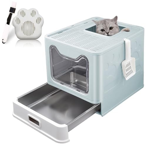 LEEJARD Katzenklo mit Deckel, ausziehbares Edelstahl Tablett und Katzenklo Schaufel, hop in Katzenklo XXL Katzentoilette geschlossen geräumig katzenklo groß. Blau