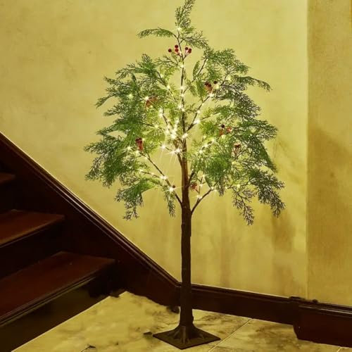 LOGT Arbre Lumineux LED Branches Lumineuses Intérieur Arbre Éclairé Blanc Chaud Arbre Lumineux USB avec Branches Feuilles et Fruits Rouges Décoration Plantes Vertes Artificielles Lumières,180CM