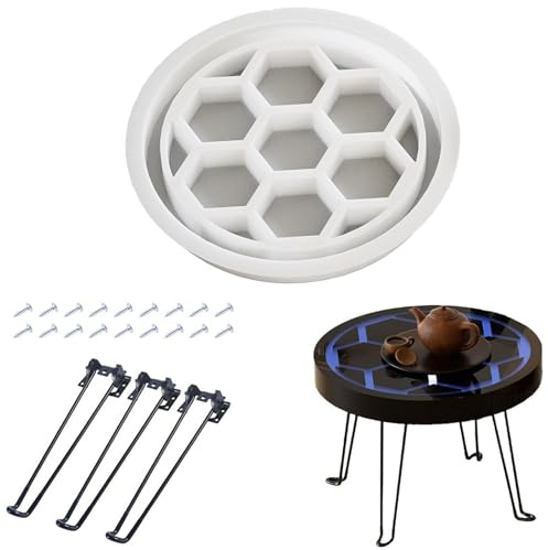 13 Large Silicone Honeycomb Table Resin Epoxy Mold with 3 Set Metal Legs, Round Cutting Board Tray Casting Molds, Coffee River Table, Modern Desk Night Stand Mould, DIY Home Art Decor Agate Cement