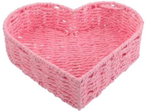 POPETPOP Heart-shaped Handwoven Paper Rope Storage Basket Medium Pink for Kitchen and Coffee Table, Desktop Snack Plate and Bread Holder, Multifunctional Sundries Organizer Tray