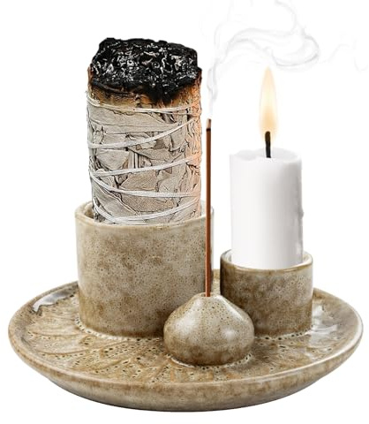 4-In-1 Keramik Räucherschale, Räucherstäbchenhalter für jedes Räucherwerk | Weihrauchhalter für Palo Santo, Weißer Salbei & Kerzen, Ideal für Home Decor, Meditation & Yoga(Khaki)