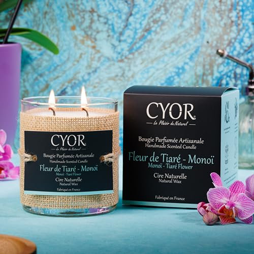 CYOR - Grande Bougie Parfumée FLEUR DE TIARE-MONOÏ 240g - 100% Cire Naturelle - ±70h de combustion - Parfum de Grasse - Fabriquée à la main en France