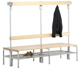 System-Umkleidebank Holz/Stahl, Typ C, mit Schuhrost, lichtgrau, LxBxH cm: 150x72,5x165, Doppelseitig, mit Rückenlehne mit Hakenlehne