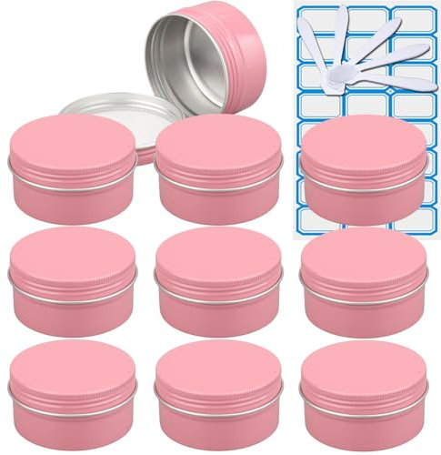 ZEOABSY 10 Pieces 80 ml Empty Pink Round Aluminum Tin Jars with Screw Lids Cosmetics Lip Balm Containers Pots for DIY Candle Salve Salt Powder Crafts Storage Cans with 5x Spoon, 1x Labels
