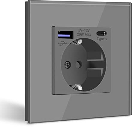 BSEED Schuko Steckdose mit USB C 20W Schnellladegerät USB Type C Wandsteckdose mit Glas Panel, USB Steckdose Unterputz, Einbausteckdose Geeignet für Phone, Pad,MP3 und mehr-Grau