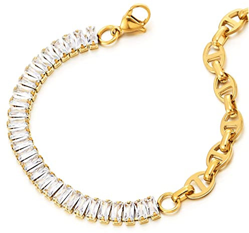 COOLSTEELANDBEYOND Stahl Goldfarbenes Marine Anker Gliederketten Armband für Damen, mit Baguette-Schliff Kubischen Zirkonia