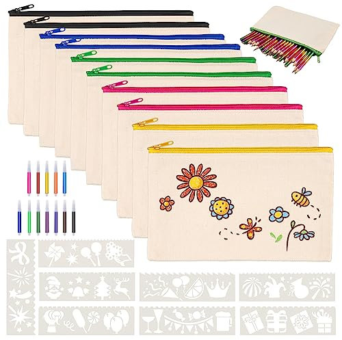 DIY Blanko Stoff Federmäppchen, 10 Stück Stoffbeutel zum Bemalen für Kinder, Kleine Stofftasche mit Reißverschluss, 12 Buntstift, 8 Malen Schimme Mäppchen zum Bemalen, Kosmetiktasche, Make up Taschen