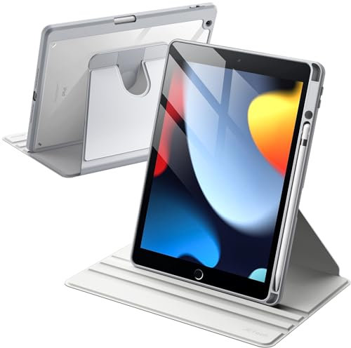 JETech Rotierende Hülle für iPad 9/8/7 (10,2 Zoll, Modell 2021/2020/2019, 9./8./7. Generation) mit Stifthalter, 360 Grad Drehbare Schutzhülle Ständer, Transparente Rückseite (Silber)