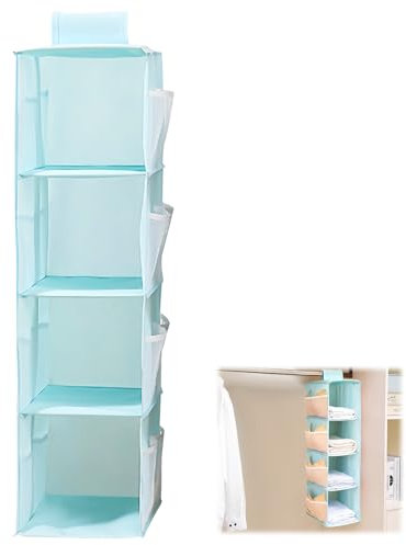 volumoon Hängeorganizer, 4 Fächern Hängeregal mit 12 Netzseitentaschen, Faltbar und Platzsparend, Hängender Stoffschrank, Hängeaufbewahrung Schrank Organizer, Blau(22 x 30 x 80 cm)