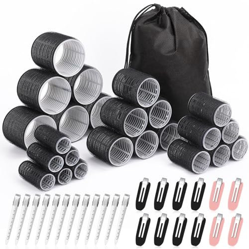 Lockenwickler-Set mit 24 Lockenwicklern (6 Jumbo, 6 L, 6 M, 6 S) und 24 Klammern für alle Haarlängen (Schwarz)