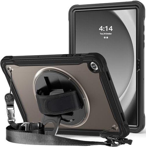ProCase Cover Galaxy Tab A9+ Plus 11 Pollici 2023 SM-X210/X216/X218, Rugged Custodia Protettiva Antiurto con Cavalletto Rotante 360, Cinturino a Mano e Tracolla -Nero