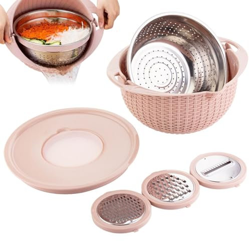 4-1 Colander with Mixing Bowl Set Strainer Bowl Stainless Steel Strainers and Colanders with 3 Replaceable Cutters Rice Strainer for Kitchen Veggies Washing, Slicing, Kneading